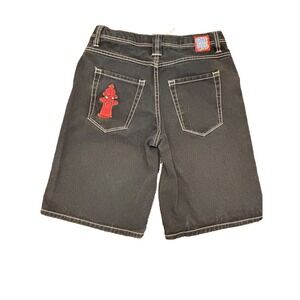 Y2K Gympurl baggy jean shorts black fire hydrant pocket denim graphics 28 waist